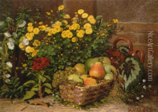 Still Life With Flowers And Fruit Oil Painting - Victor Jacques Renault