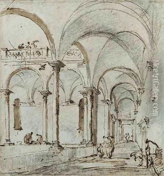 Porticoes in a courtyard, with two figures Oil Painting - Francesco Guardi