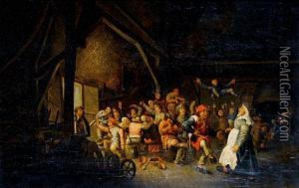 A Barn Interior With Peasants Feasting Anddancing Oil Painting - Bartholomeus Molenaer