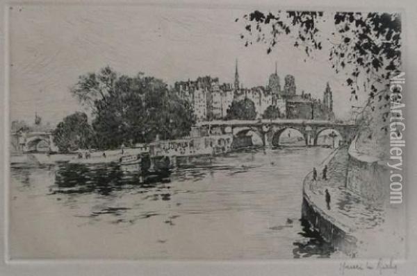 Pont Neuf A Paris Oil Painting - Henri Hirne, Dit Le Riche