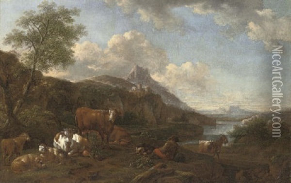 A River Landscape With A Drover At Rest With His Cattle Oil Painting - Johann Heinrich Roos