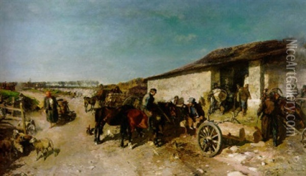 Estnische Bauern Mit Pferdefuhrwerken Vor Dem Gehoft Des Schmeides Oil Painting - Gregor von Bochmann the Elder