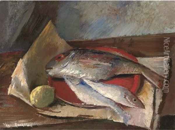 Still Life With Fish Oil Painting - Vera Rokline