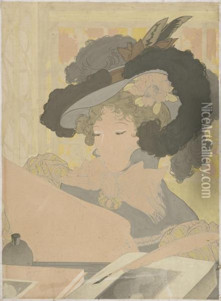 Femme Lisant (lesendefrau Mit Federhut) Oil Painting - Georges de Feure