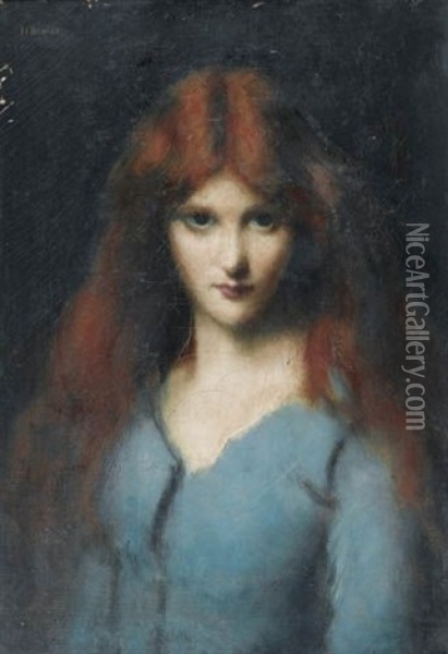 Portrait D'une Jeune Fille En Robe Turquoise Oil Painting - Jean Jacques Henner
