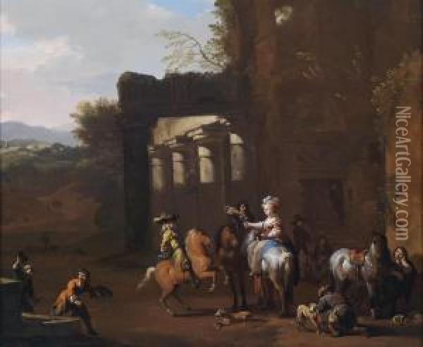 An Elegant Hunting Party Resting In Theroman Campagna Oil Painting - Jan von Huchtenburgh