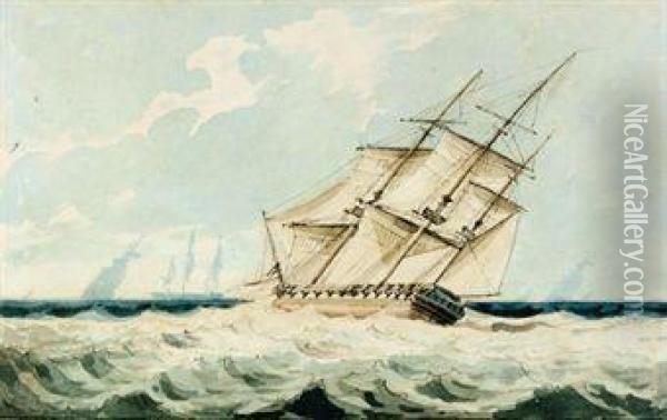 A Frigate Close By The Wind Upon The Lee-board Tack Oil Painting - Charles Anstruther Barlow
