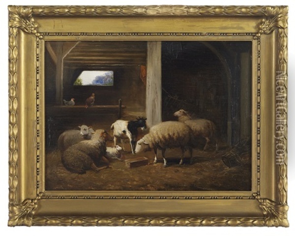 Sheep, Chickens And Goat In The Stable Oil Painting - Jef Louis Van Leemputten