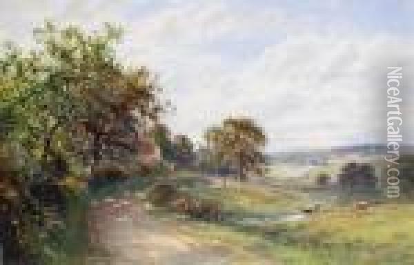Sheep On A Country Lane, A River Valley Beyond Oil Painting - Roberto Angelo Kittermaster Marshall