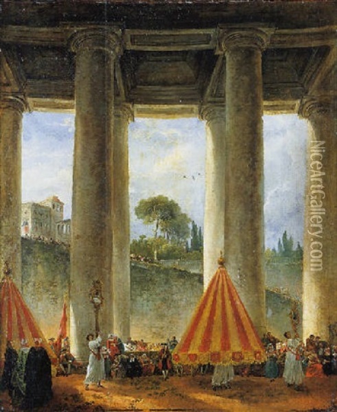 Procession Pontificale Celebrant La Fete Du Corpus Domini Sous La Colonnade De Saint-pierre A Rome Oil Painting - Hubert Robert