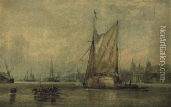 Hay Barges On The Thames Before The Royal Naval College Greenwich Oil Painting - Edwin Hayes