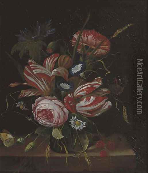 A pink rose, tulips, carnations and other flowers with red berries and butterflies in a glass vase, on a ledge Oil Painting - Jan Davidsz. De Heem