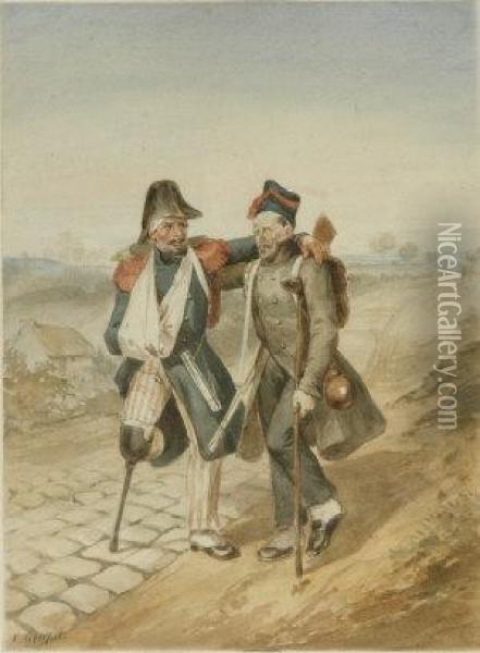 Two Napoleonic Wounded Soldiers Supporting Each Other On A Country Road Oil Painting - Frederic Goupil