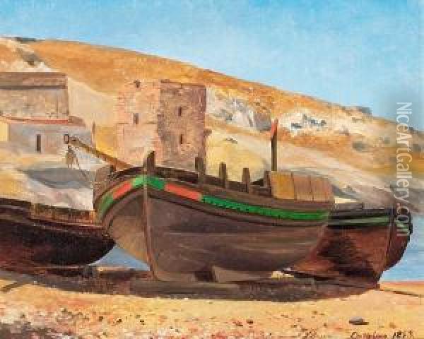Boats On The Shore. Signed Emanuel Larsen, Catalana? Oil Painting - Emanuel Larsen