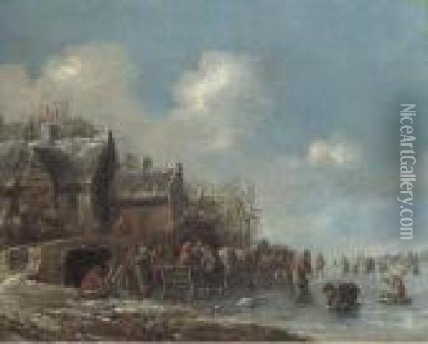 A Winter Landscape With Villagers On A Frozen Lake Oil Painting - Thomas Heeremans