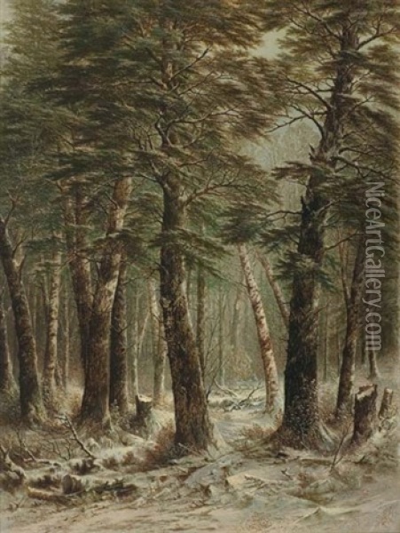 Woods In Winter Oil Painting - Thomas Lochlan Smith