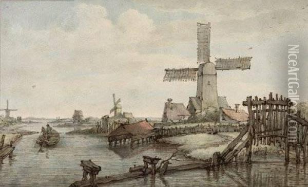 Niederlandische Polderlandschaft Mit Windmuhle Oil Painting - Jan Hulswit