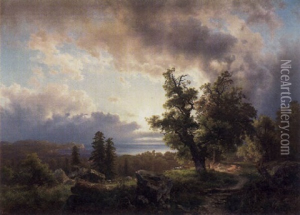 Sonnenuntergangsstimmung An Einem See Oil Painting - August Wilhelm Leu