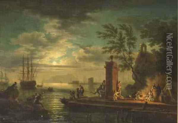 A Moonlit Bay With Shipping And Figures On The Banks In Theforeground Oil Painting - Claude-joseph Vernet