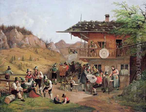 Target Practice in Fischbachau by Lake Schlier Oil Painting - Lorenzo I Quaglio
