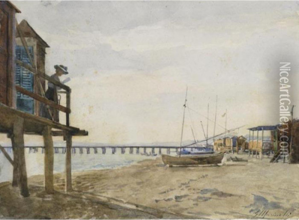 Sulla Spiaggia A Bordighera Oil Painting - Pompeo Mariani