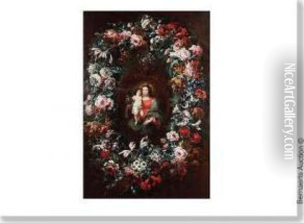 La Vierge A L'enfant Entouree D'une Couronne De Fleurs. Oil Painting - Jean-Baptiste Morel