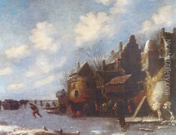 Paysage D'hiver: Les Patineurs Oil Painting - Nicolaes Molenaer