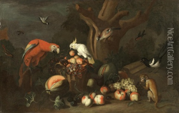 A Scarlet Macaw And A Cockatoo With A Basket Of Fruit Oil Painting - Tobias Stranovius