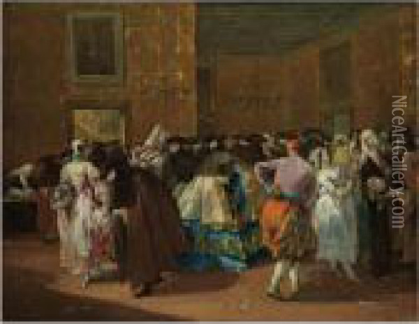 Venice, The Ridotto At Palazzo Dandolo, With Masked Figures Dancing And Conversing Oil Painting - Francesco Guardi
