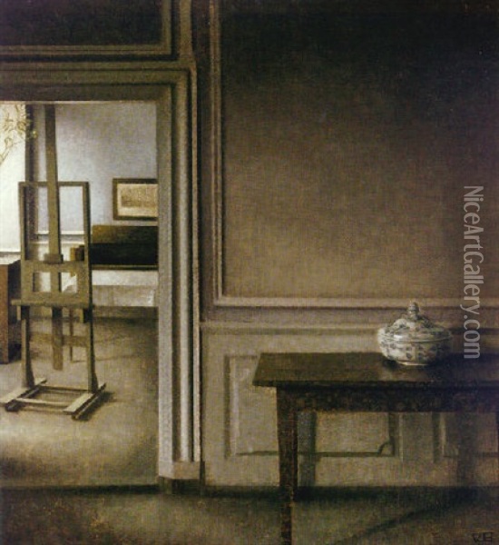 Interior (with Easel And Punch Bowl, Standgade 30) Oil Painting - Vilhelm Hammershoi