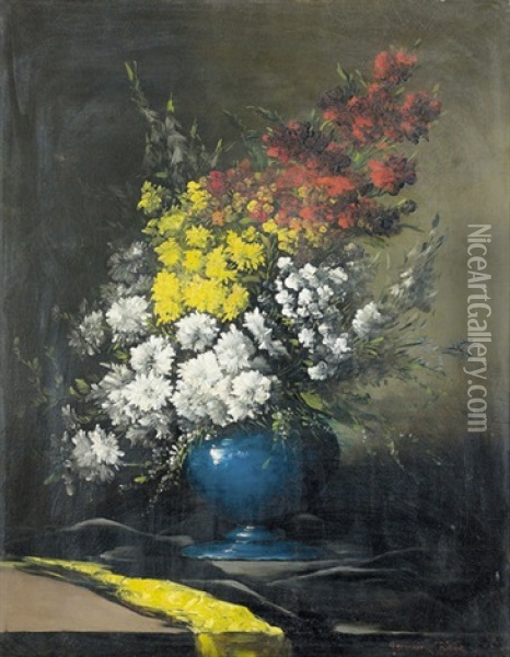 Bouquet De Fleurs Dans Un Vase Bleu Oil Painting - Germain Theodore Ribot