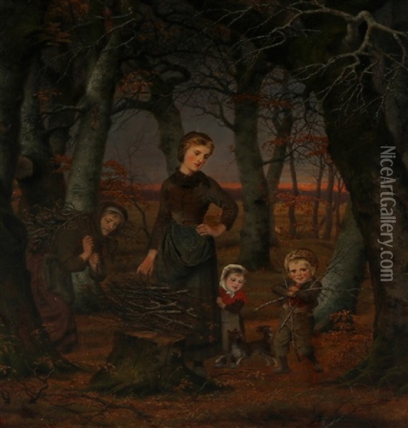 Sunset Scenery With Three Generations Collecting Wood Oil Painting - Just Jean Christian Holm