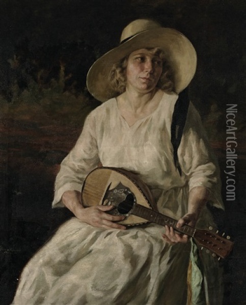 Portrait Einer Dame Mit Hut Und Laute Oil Painting - Peter von Hamme-Voitus