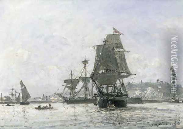 Large Sailing Boats at Honfleur Oil Painting - Johan Barthold Jongkind