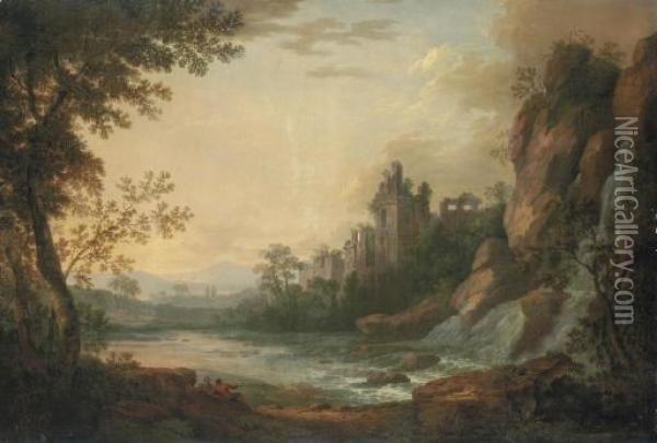 A River Landscape With Travellers Resting On A Path, A Ruined Castle Beyond Oil Painting - Robert Carver