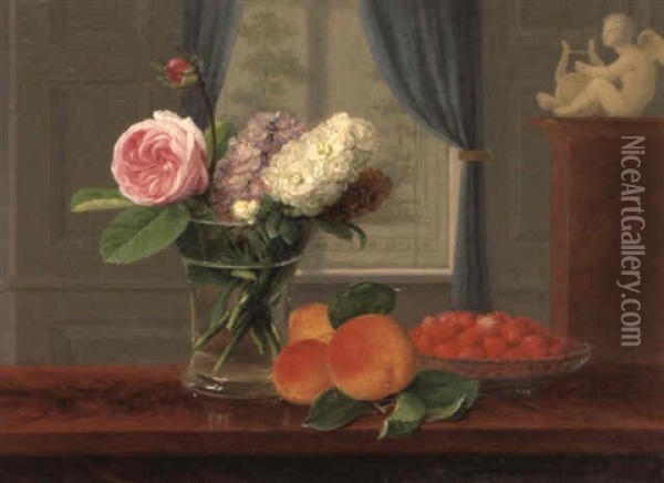 Hyacinths And Roses In A Vase On Ledge With Peaches And Strawberries Oil Painting - Johannes Ludwig Camradt