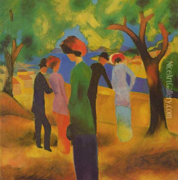 A Woman In Green Jacket Oil Painting - August Macke