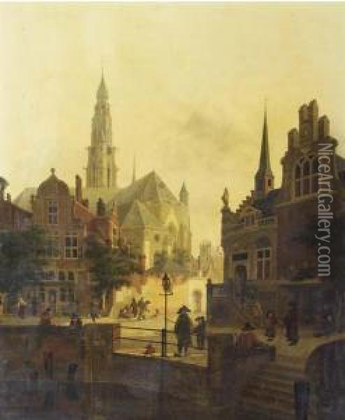 Figures By A Canal In A Town Square Oil Painting - Jan Hendrik Verheijen