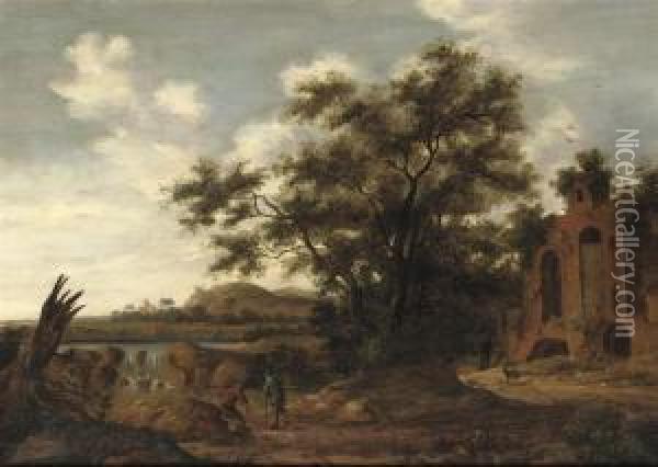 A Wooded River Landscape With Travellers Near Ancient Ruins Oil Painting - Adriaen Hendricksz. Verboom