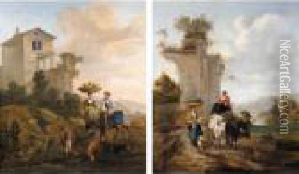 Italianate Landscapes With Drovers And Their Animals Carrying Their Produce To Market Oil Painting - Hendrick Mommers