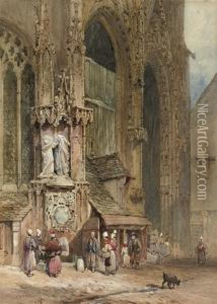 A Crowd Gathering By A Fountain Oil Painting - John Skinner Prout