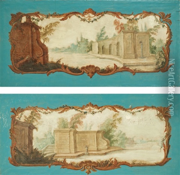 Overdoors With Fountains In Landscapes (pair) Oil Painting - Johan Pasch the Elder