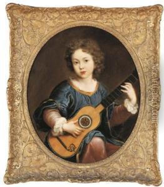 A Young Girl Playing A Guitar Oil Painting - Pierre Le Romain I Mignard
