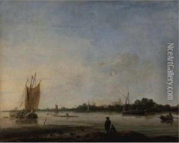 View Of A River With Boats And Figures And A Town In The Distance Oil Painting - Hendrick Dubbels