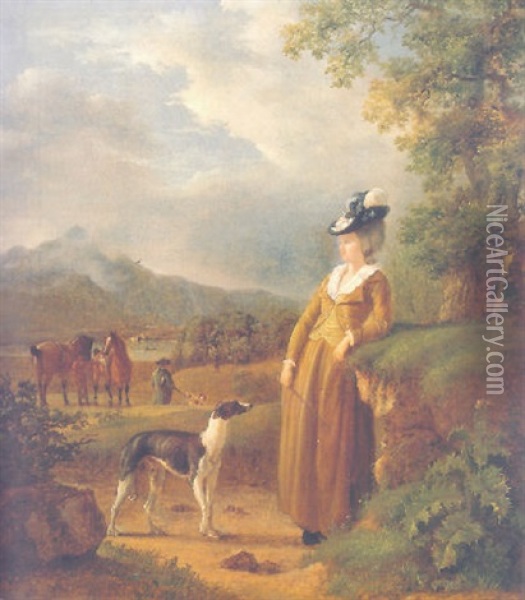 Portrait Of A Lady With A Hunting Dog In The Valley Of L'arve, Geneva Oil Painting - Jacques-Laurent Agasse