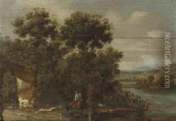 A wooded river landscape with Tobias and the Angel Oil Painting - Jacob Pynas