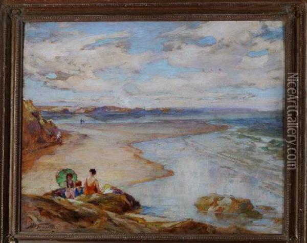 A Beach Scene With Three Female Bathers In The Foreground Oil Painting - John William Schofield