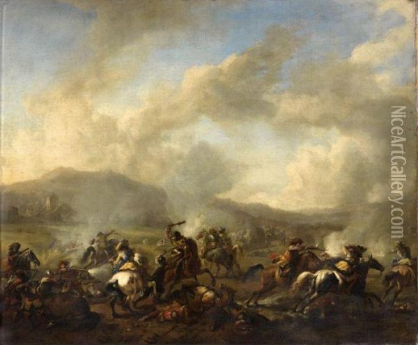 Combat De Cavalerie : L'attaque D'un Convoi Dans Un Champ De Bl Oil Painting - Pieter Wouwermans or Wouwerman