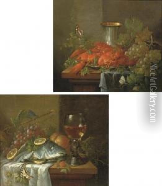 Crayfish On A Silver Plate, A Silver Beaker And Grapes With Butterflies On A Partially Draped Table Oil Painting - Wilhelm Ernst Wunder