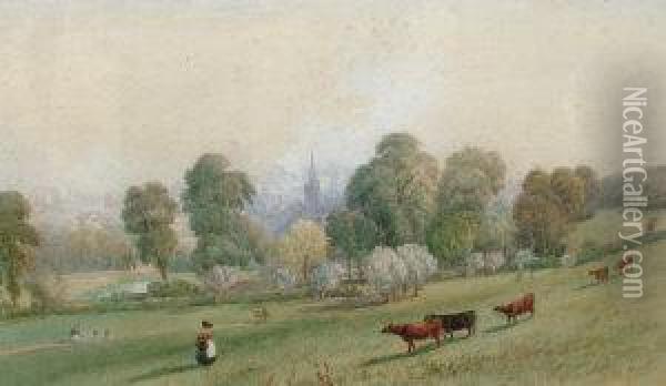 Figures With Cattle In A Pasture With A Town Beyond; Watercolour, Signed And Dated 1850, 30x47cm Oil Painting - Thomas Henry Hair